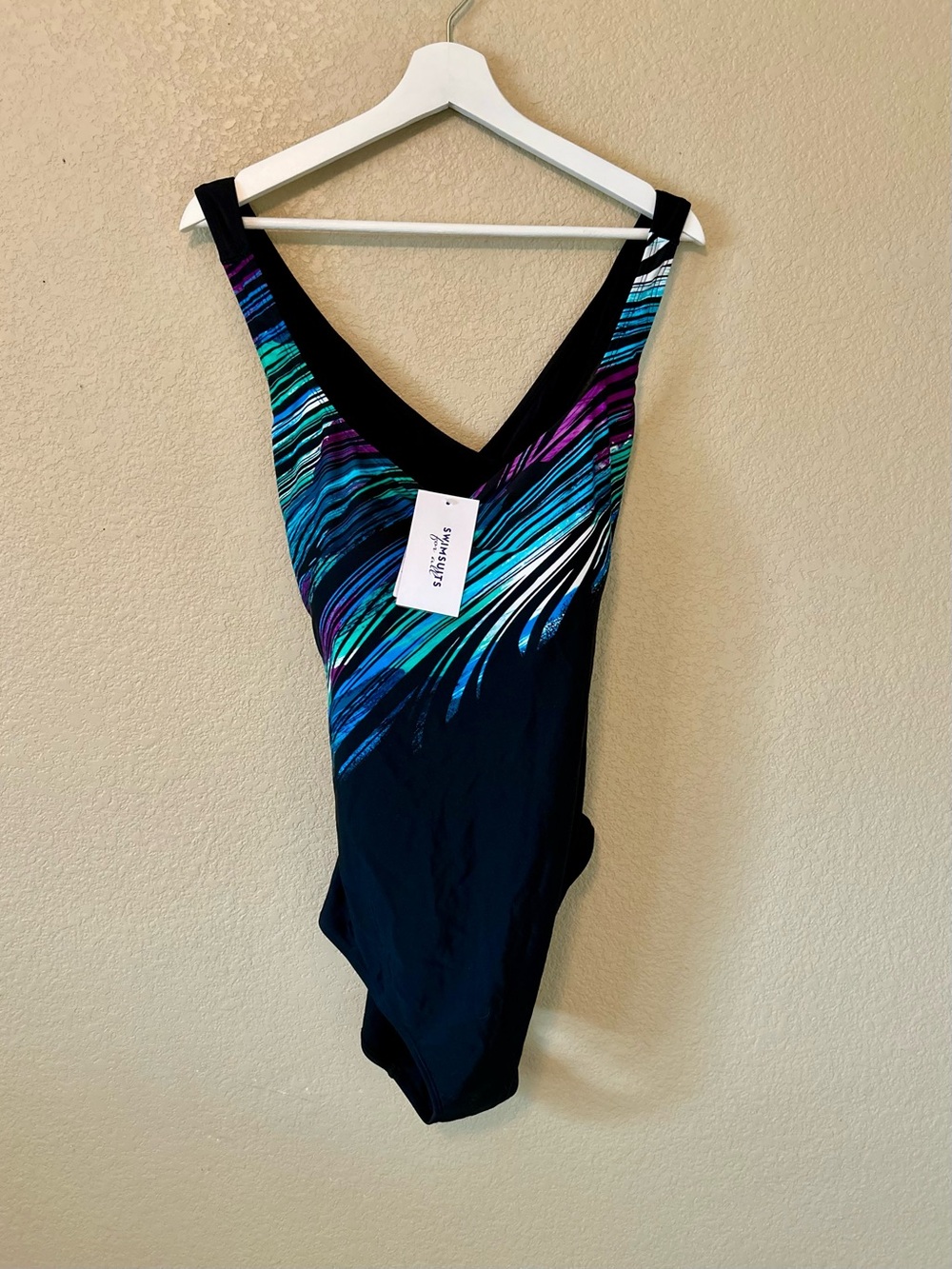 NWT Black One-Piece Swim with Teal & Purple Wave Print Size 22 Built in Bra Plus
